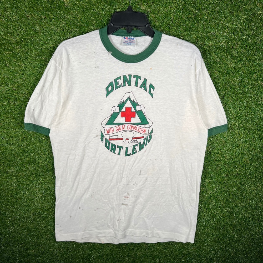 Vintage 80s Hanes Fort Lewis DENTAC Ringer T-Shirt White Green Large‎ USA Made